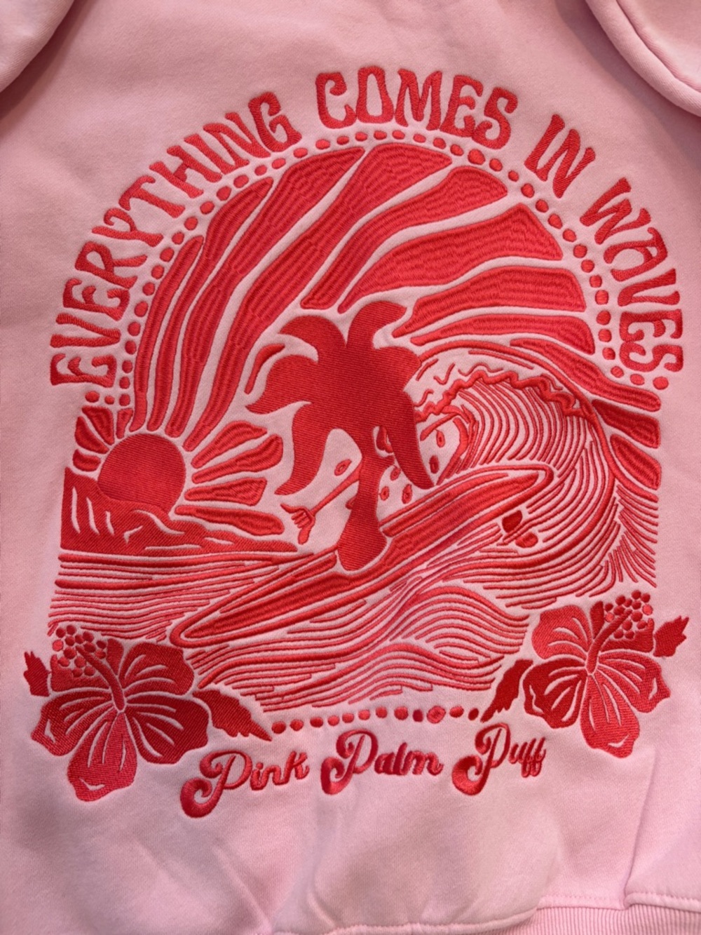 Pink Palm Puff Hooded Sweatshirt with Coral Palm & Hibiscus Embroidery - Picture 7 of 7